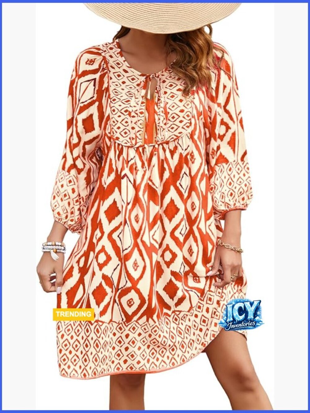 Rayon V-Neck 3/4 Sleeve Boho Floral Casual Summer Dress
